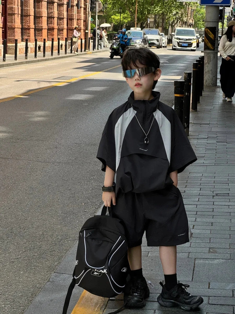 New Handsome Casual Work Clothes Set for Children, Boys' Sports and Leisure, Breathable Two Piece Set, Trendy - Mom & Kids