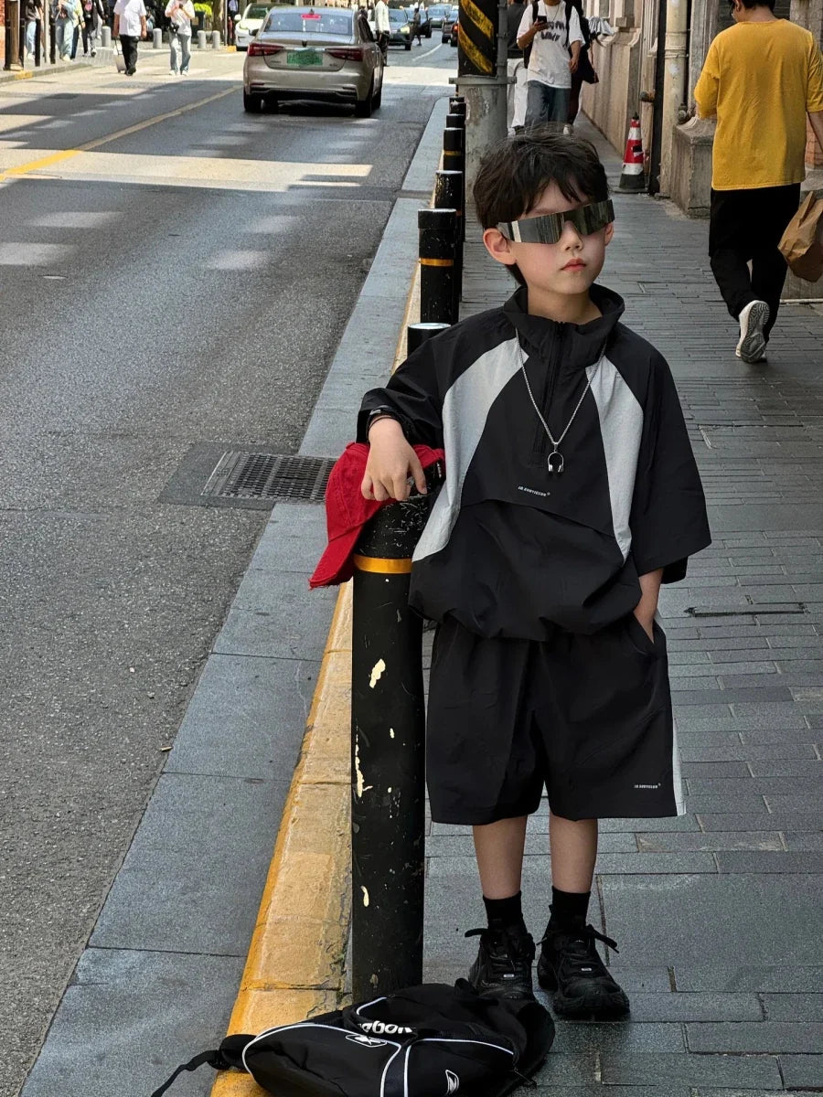 New Handsome Casual Work Clothes Set for Children, Boys' Sports and Leisure, Breathable Two Piece Set, Trendy - Mom & Kids