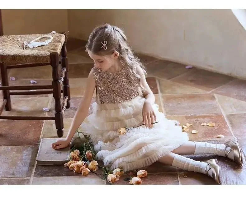 New Summer Party Dress for Kids Girls Sequined Sleeveless Mesh Cake Princess Dress Fashionable and Comfortable Skirt S4016 - Mom & Kids