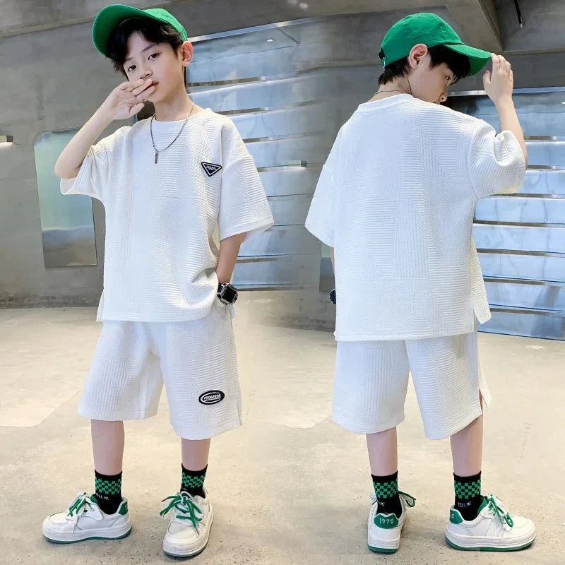 New Teenager Casual Outfits Children Trends Clothes Suits Kids Short Sleeves Tops+Baggy Pants 2Pcs
