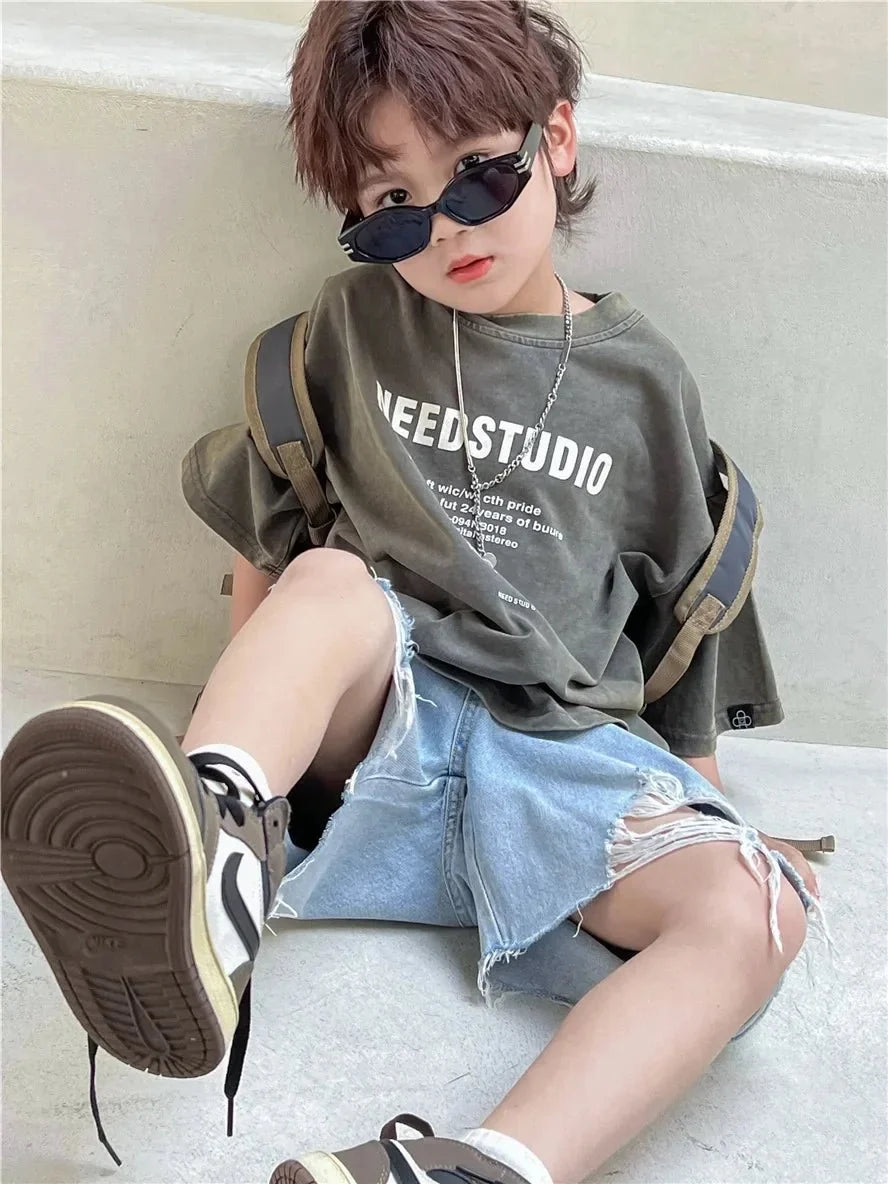 Pure Cotton Children's Short Sleeved Simple Trendy Letters Faded and Worn Half Sleeved T-shirts Boys Girls Stylish - Mom & Kids