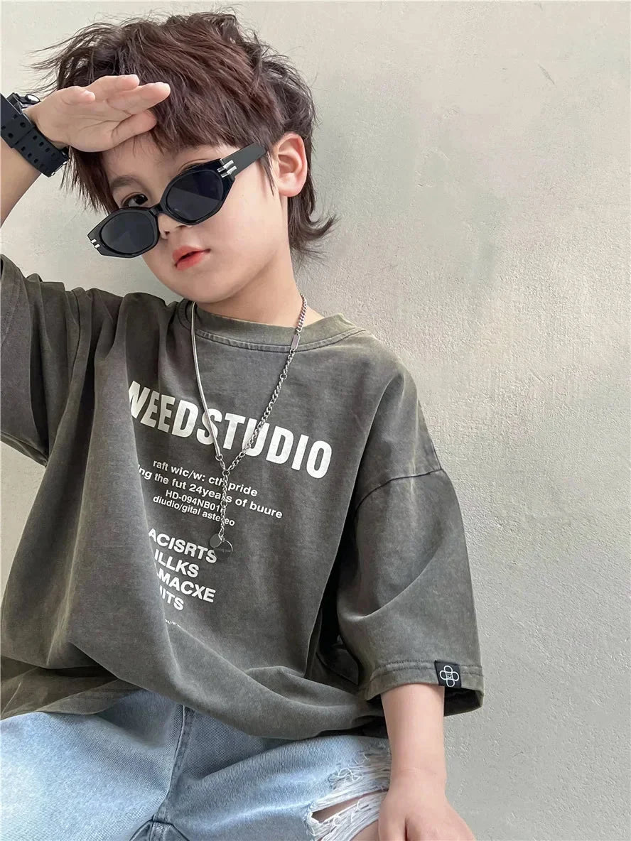 Pure Cotton Children's Short Sleeved Simple Trendy Letters Faded and Worn Half Sleeved T-shirts Boys Girls Stylish - Mom & Kids