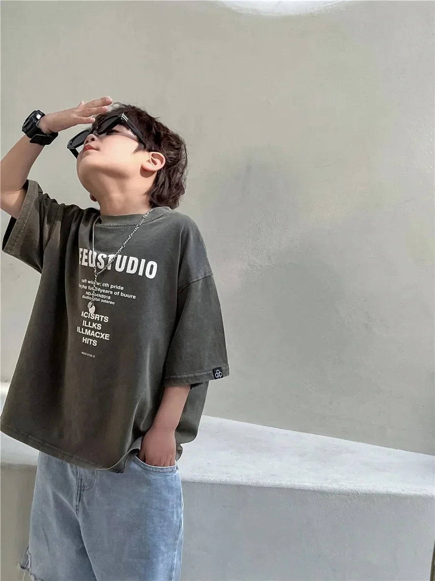 Pure Cotton Children's Short Sleeved Simple Trendy Letters Faded and Worn Half Sleeved T-shirts Boys Girls Stylish - Mom & Kids