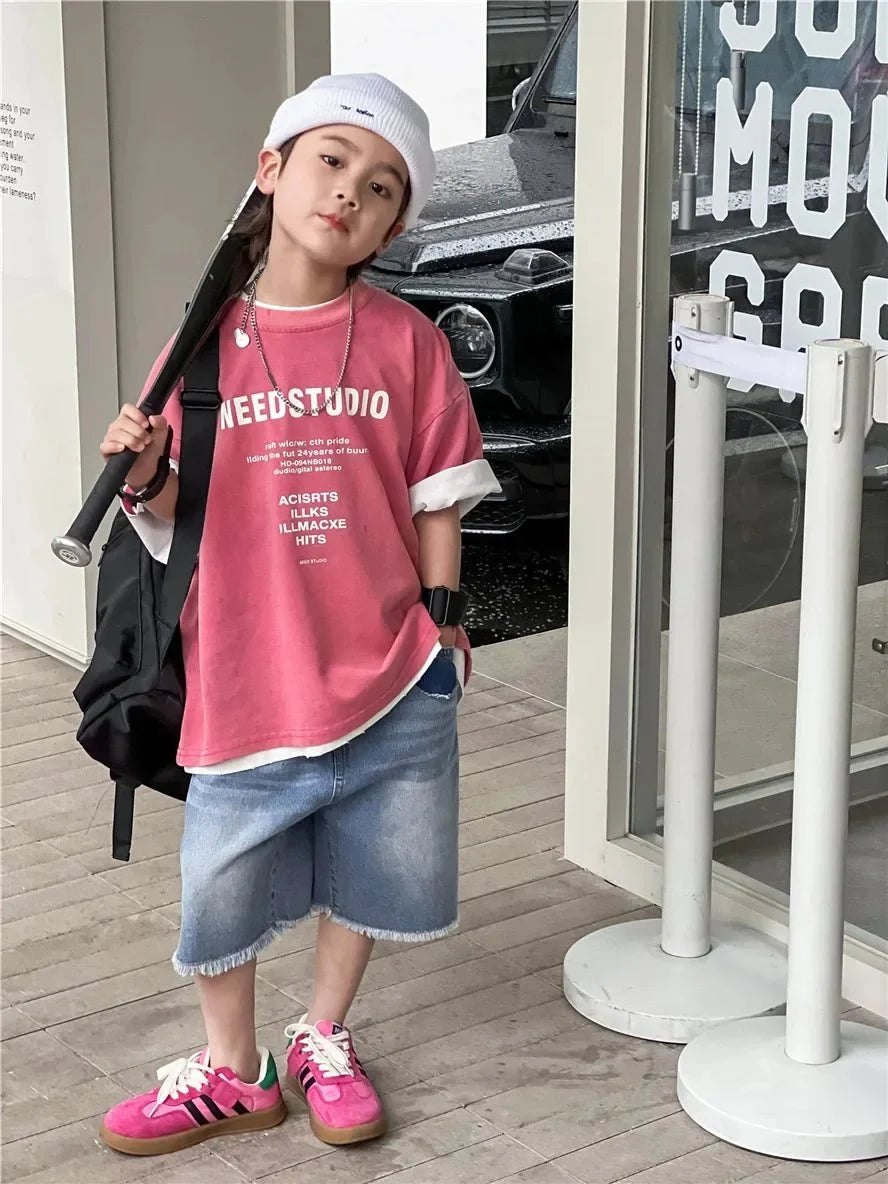 Pure Cotton Children's Short Sleeved Simple Trendy Letters Faded and Worn Half Sleeved T-shirts Boys Girls Stylish - Mom & Kids