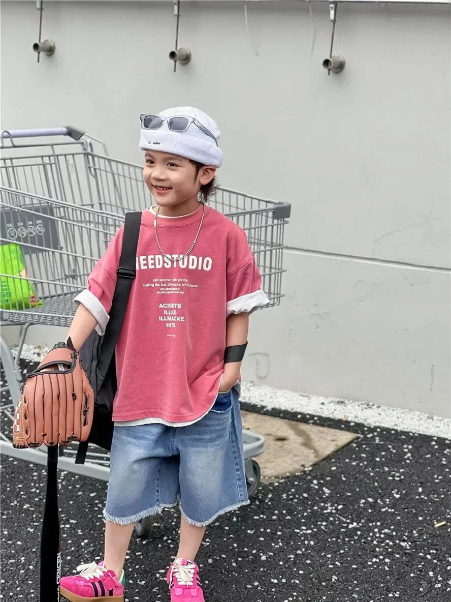 Pure Cotton Children's Short Sleeved Simple Trendy Letters Faded and Worn Half Sleeved T-shirts Boys Girls Stylish - Mom & Kids