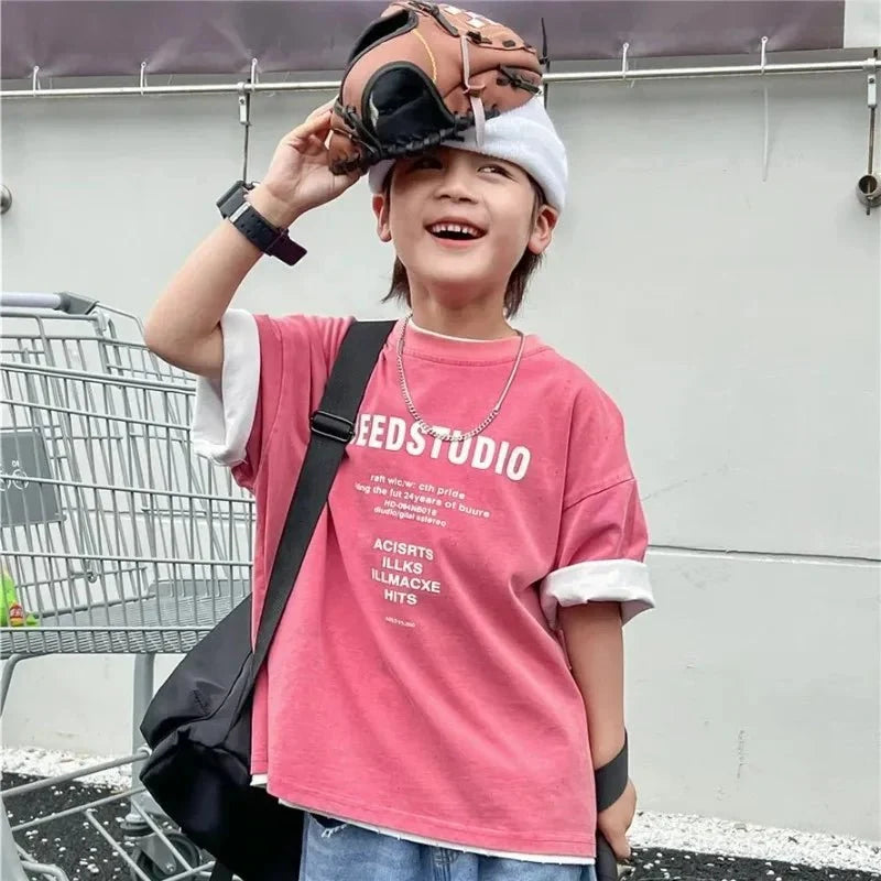 Pure Cotton Children's Short Sleeved Simple Trendy Letters Faded and Worn Half Sleeved T-shirts Boys Girls Stylish - Mom & Kids