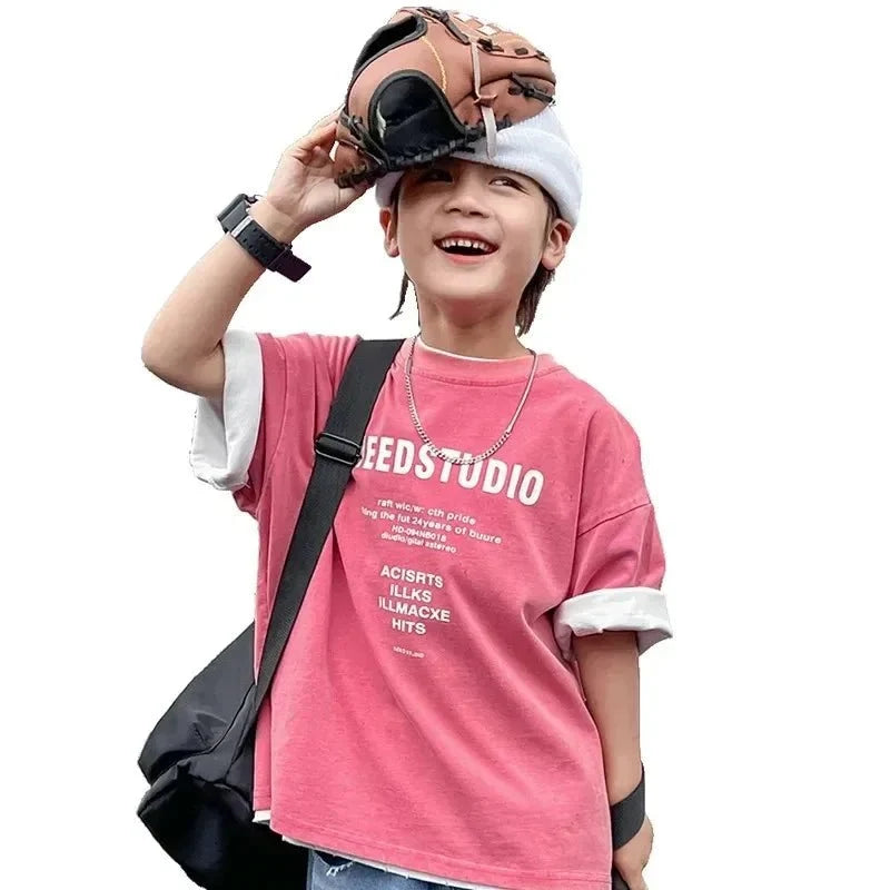 Pure Cotton Children's Short Sleeved Simple Trendy Letters Faded and Worn Half Sleeved T-shirts Boys Girls Stylish - Mom & Kids