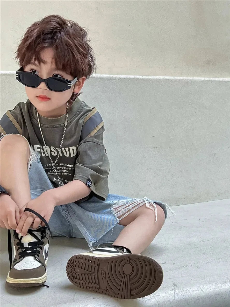 Pure Cotton Children's Short Sleeved Simple Trendy Letters Faded and Worn Half Sleeved T-shirts Boys Girls Stylish - Mom & Kids