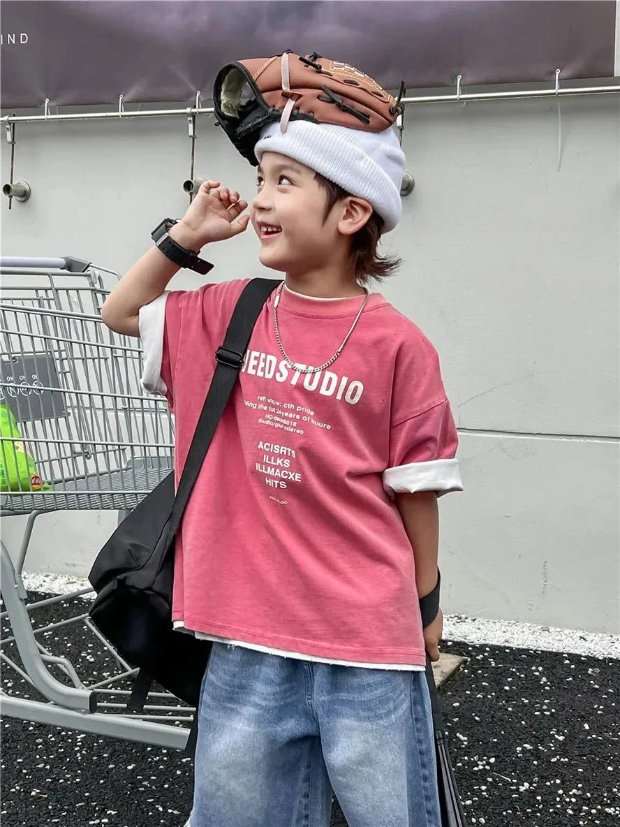 Pure Cotton Children's Short Sleeved Simple Trendy Letters Faded and Worn Half Sleeved T-shirts Boys Girls Stylish - Mom & Kids