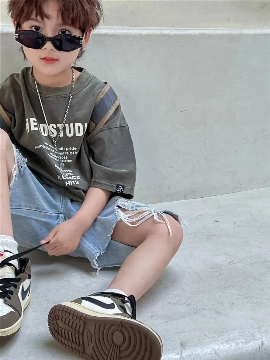 Pure Cotton Children's Short Sleeved Simple Trendy Letters Faded and Worn Half Sleeved T-shirts Boys Girls Stylish - Mom & Kids
