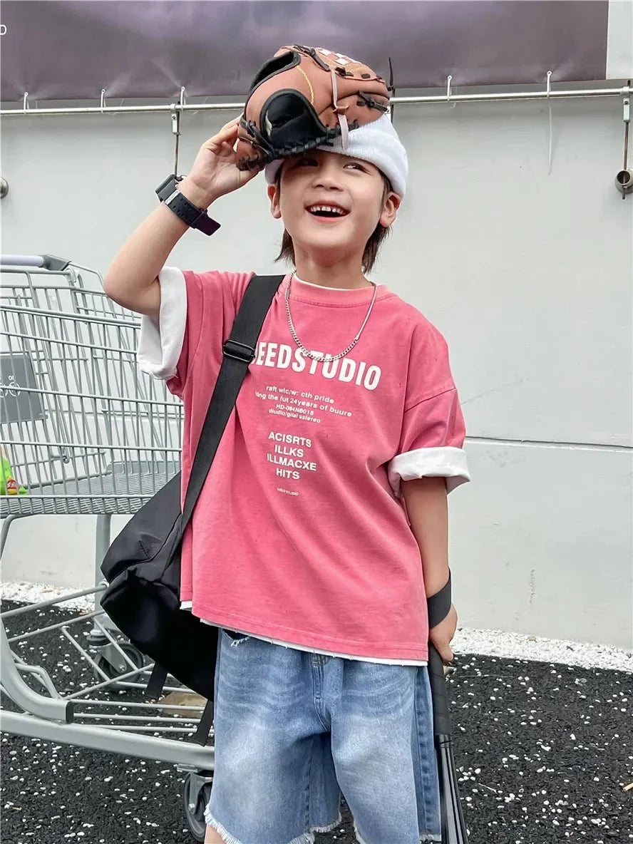 Pure Cotton Children's Short Sleeved Simple Trendy Letters Faded and Worn Half Sleeved T-shirts Boys Girls Stylish - Mom & Kids