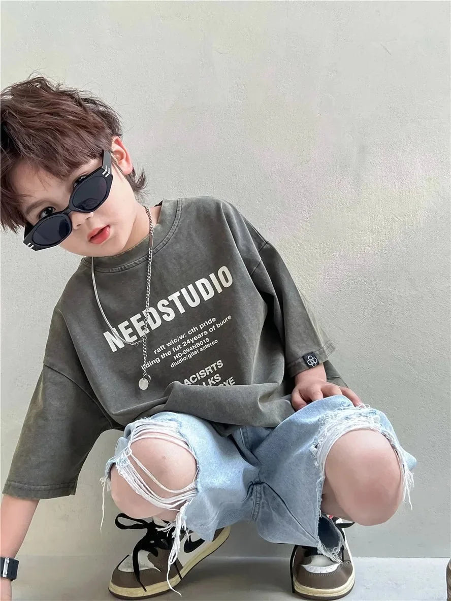 Pure Cotton Children's Short Sleeved Simple Trendy Letters Faded and Worn Half Sleeved T-shirts Boys Girls Stylish - Mom & Kids