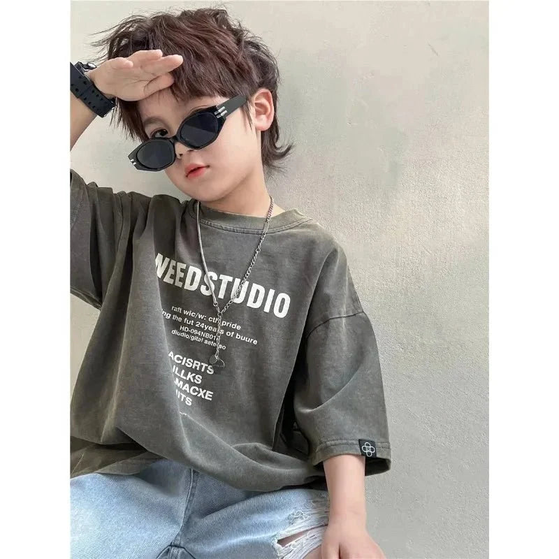 Pure Cotton Children's Short Sleeved Simple Trendy Letters Faded and Worn Half Sleeved T-shirts Boys Girls Stylish - Mom & Kids