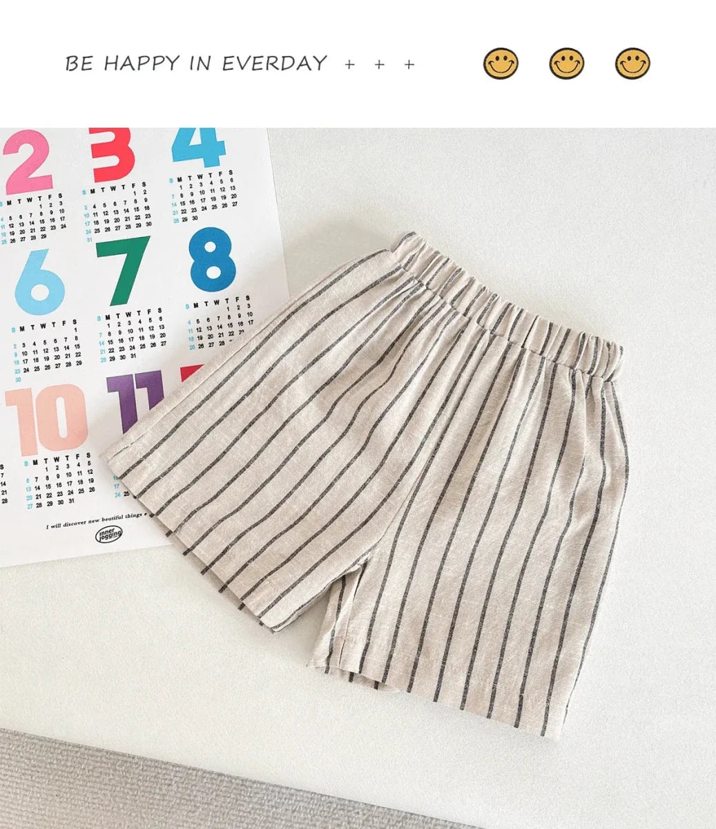 Set Children Unisex Summer New Style Cotton Stripe Pocket Shirt Polo Collar Shourts Fashion Casual Brief Versatile Korean - Mom & Kids