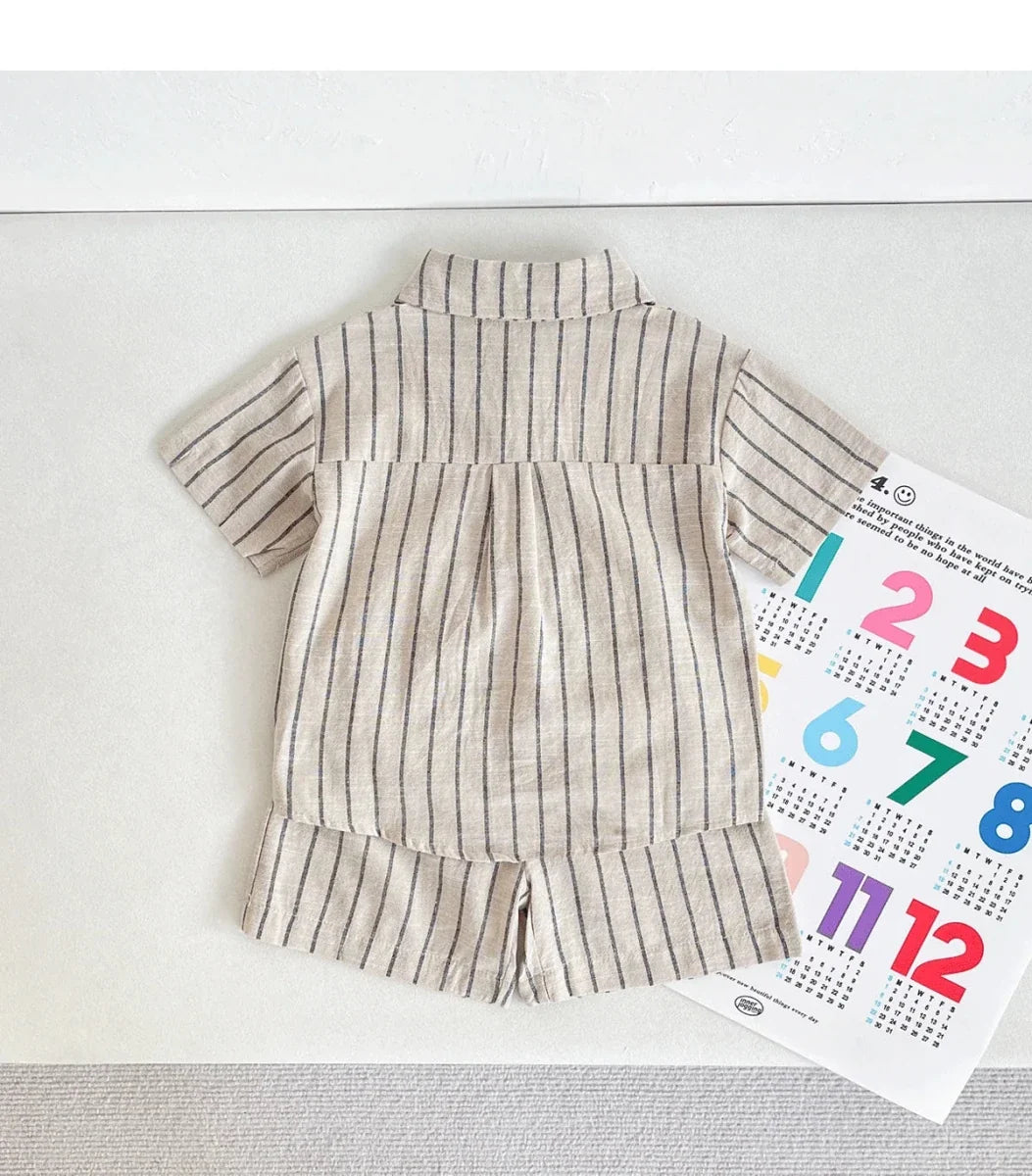 Set Children Unisex Summer New Style Cotton Stripe Pocket Shirt Polo Collar Shourts Fashion Casual Brief Versatile Korean - Mom & Kids