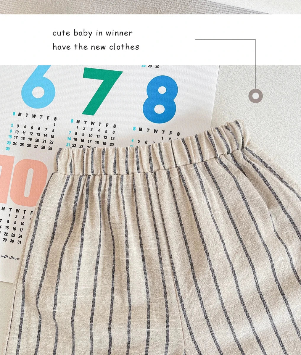 Set Children Unisex Summer New Style Cotton Stripe Pocket Shirt Polo Collar Shourts Fashion Casual Brief Versatile Korean - Mom & Kids