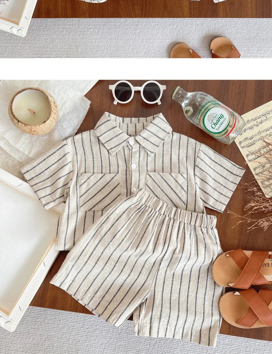 Set Children Unisex Summer New Style Cotton Stripe Pocket Shirt Polo Collar Shourts Fashion Casual Brief Versatile Korean - Mom & Kids