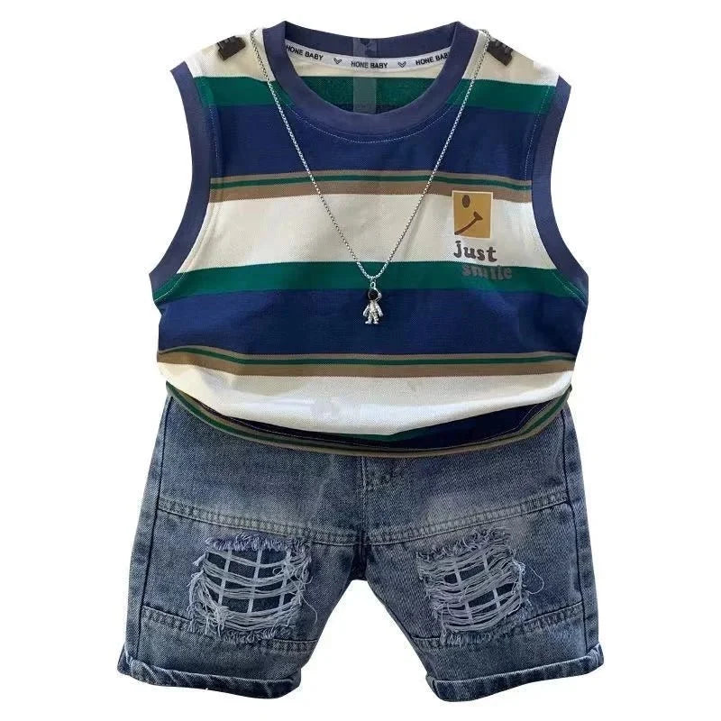 Striped Round Neck Pullover Cotton Sleeveless Shirt And Fashion Jeans Shorts 2pcs Summer Boutique Clothing Baby Boys Sport Suit - Mom & Kids