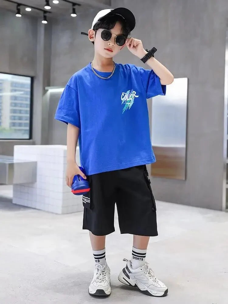 Summer 100% Cotton Boys Blue T-shirt Cool Graffiti Printed Girls Tees Short Sleeve Children Tops High Quality Kids Clothes - Mom & Kids
