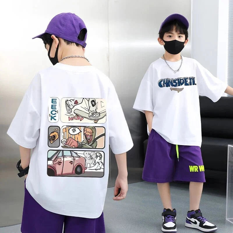 Summer 100% Cotton Boys Blue T-shirt Cool Graffiti Printed Girls Tees Short Sleeve Children Tops High Quality Kids Clothes
