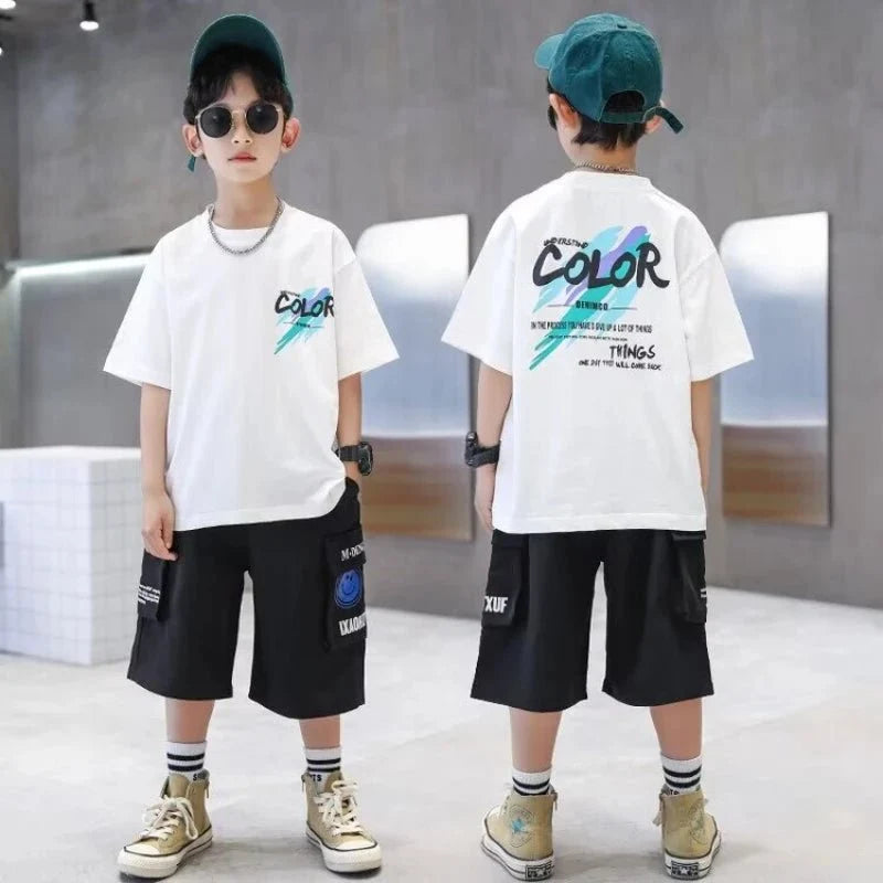 Summer 100% Cotton Boys Blue T-shirt Cool Graffiti Printed Girls Tees Short Sleeve Children Tops High Quality Kids Clothes - Mom & Kids