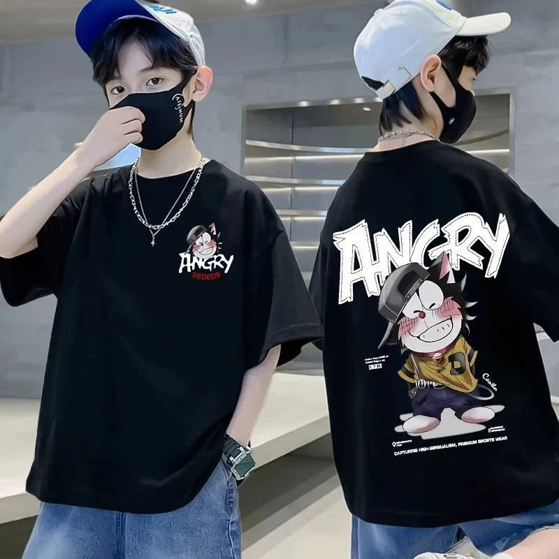 Summer 100% Cotton Boys Blue T-shirt Cool Graffiti Printed Girls Tees Short Sleeve Children Tops High Quality Kids Clothes