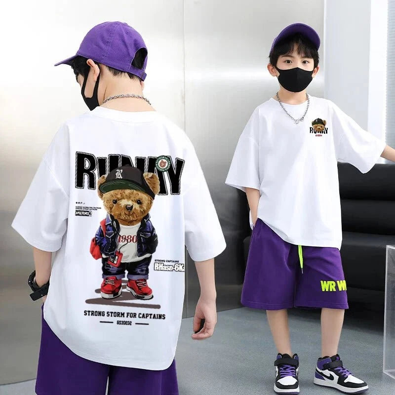 Summer 100% Cotton Boys Blue T-shirt Cool Graffiti Printed Girls Tees Short Sleeve Children Tops High Quality Kids Clothes