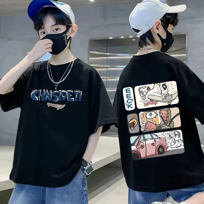 Summer 100% Cotton Boys Blue T-shirt Cool Graffiti Printed Girls Tees Short Sleeve Children Tops High Quality Kids Clothes