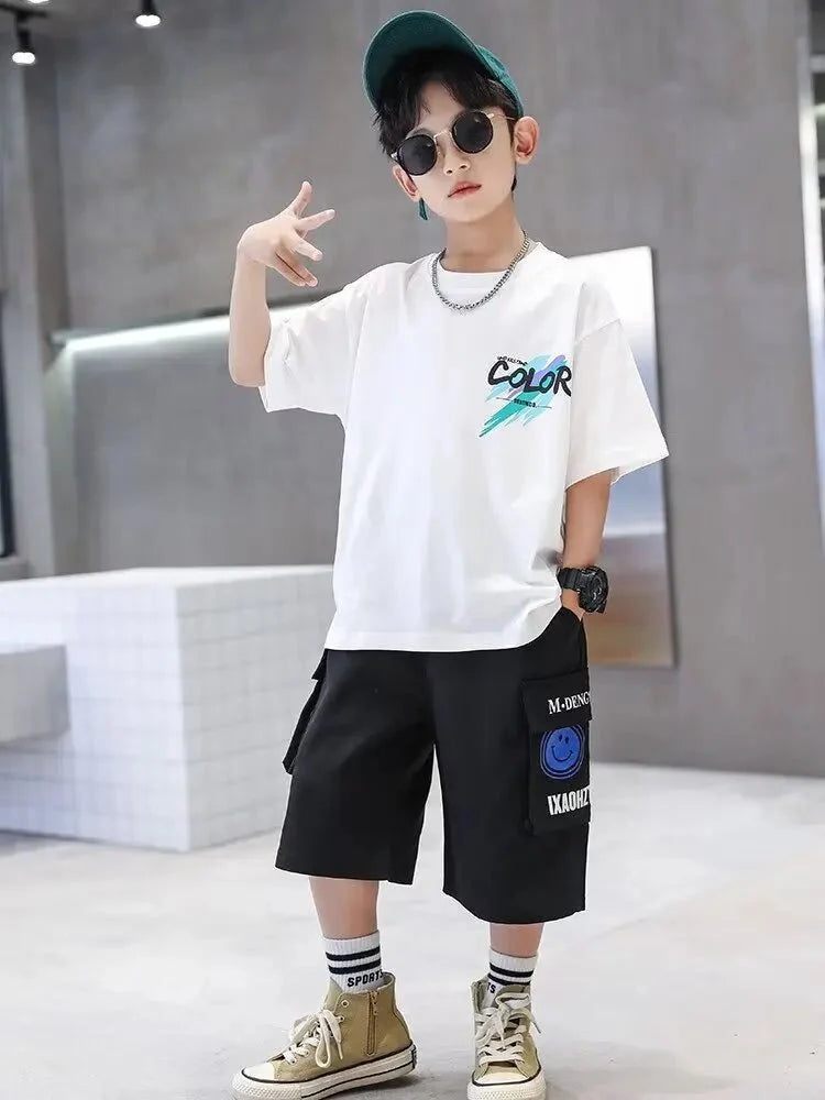 Summer 100% Cotton Boys Blue T-shirt Cool Graffiti Printed Girls Tees Short Sleeve Children Tops High Quality Kids Clothes - Mom & Kids