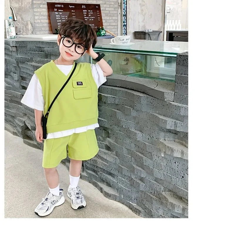 Summer Baby and Boys Cotton Contrast Patchwork t-Shirt Tops+Shorts Pant Sets School Kids Tracksuit Child 2PCS Outfit 1-10 Years - Mom & Kids