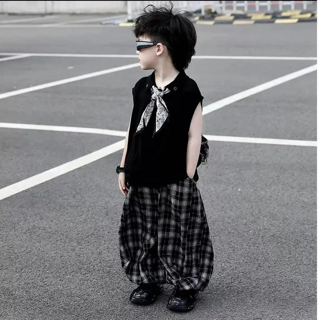 Summer Baby Boys 2Pcs Sleeveless Lapel T-shirt Top+ Thin Grid Pants Suit Children Outfit Fashion Casual Sets Handsome Clothes - Mom & Kids