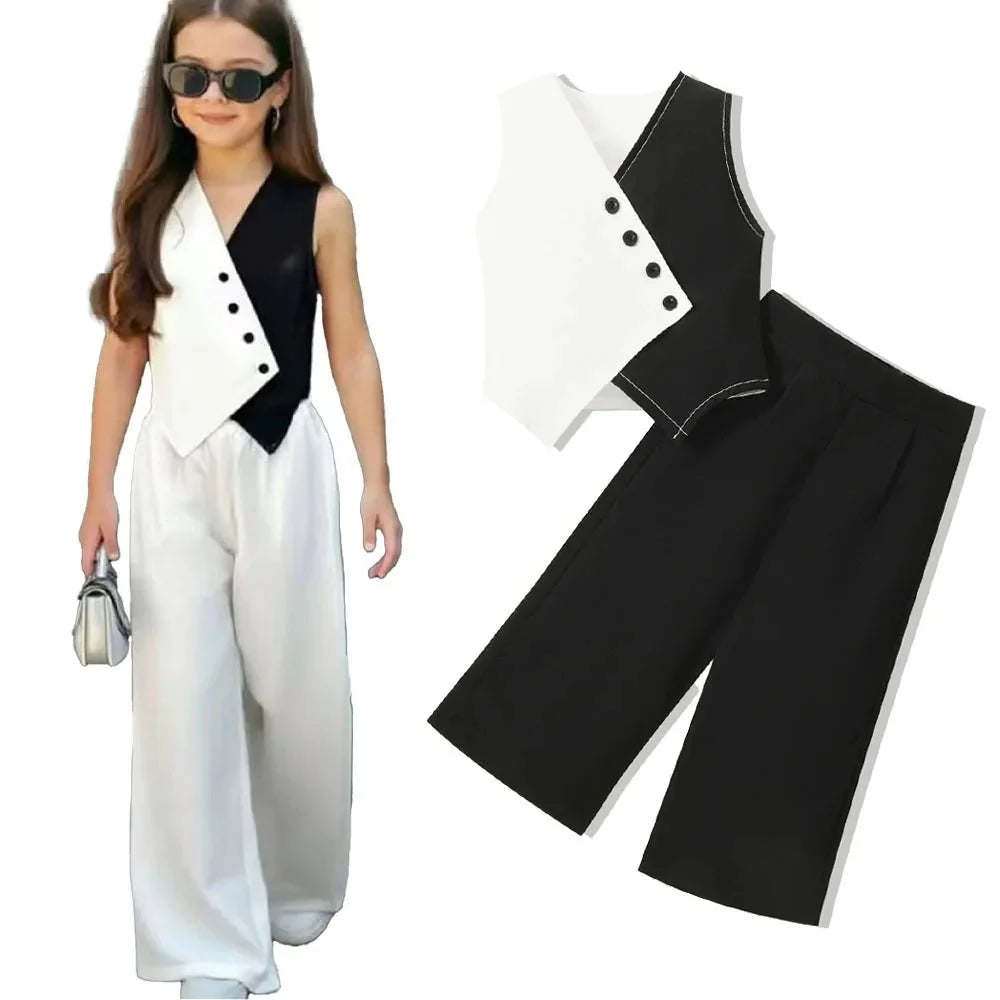 Summer Baby Girl Suits Toddler Clothes Set Black Whit Vest Wide Leg Trousers Flare Pants Kids Outfit Elegant Fashion Children - Mom & Kids