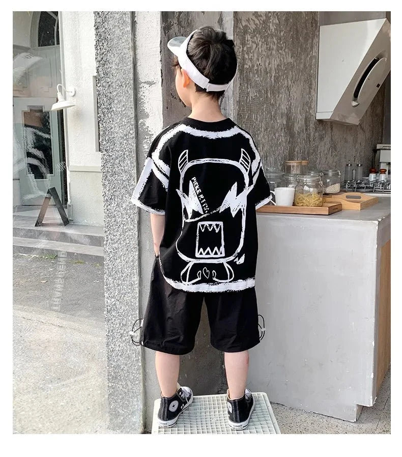 Summer Casual Boys Cotton Contrast Alphabet Graffiti t-Shirt Top+Shorts Pant Set School Kids Tracksuit Child 2PCS Outfit 5-14 Yr - Mom & Kids