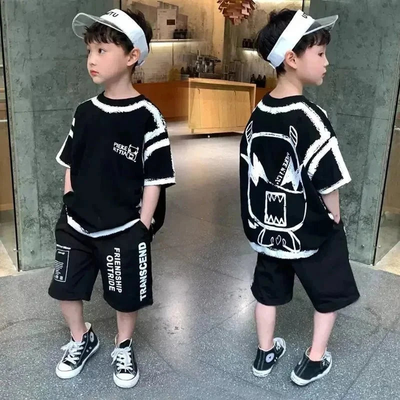 Summer Casual Boys Cotton Contrast Alphabet Graffiti t-Shirt Top+Shorts Pant Set School Kids Tracksuit Child 2PCS Outfit 5-14 Yr - Mom & Kids