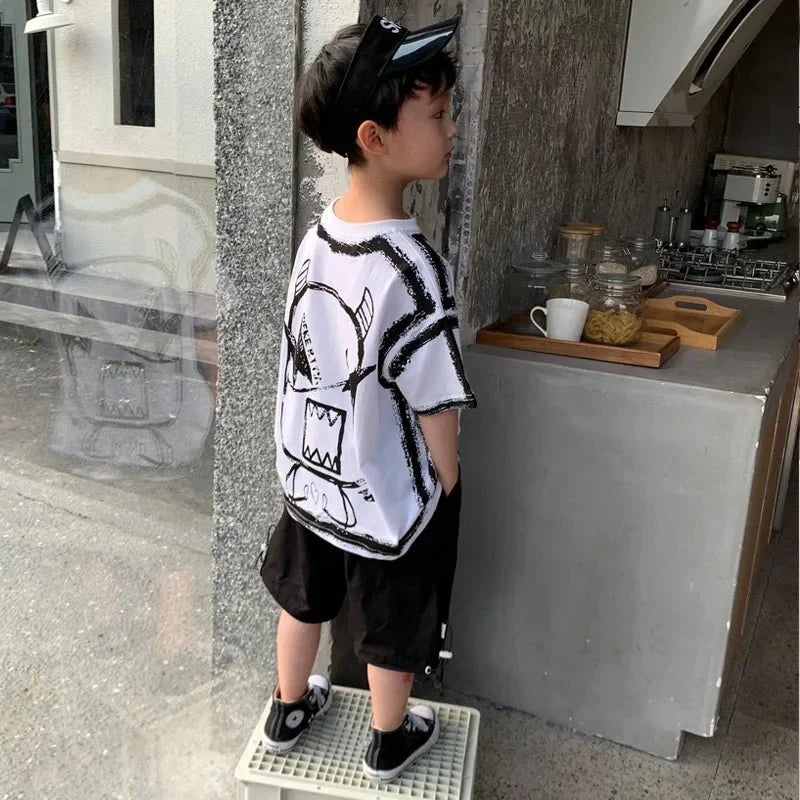 Summer Casual Boys Cotton Contrast Alphabet Graffiti t-Shirt Top+Shorts Pant Set School Kids Tracksuit Child 2PCS Outfit 5-14 Yr - Mom & Kids