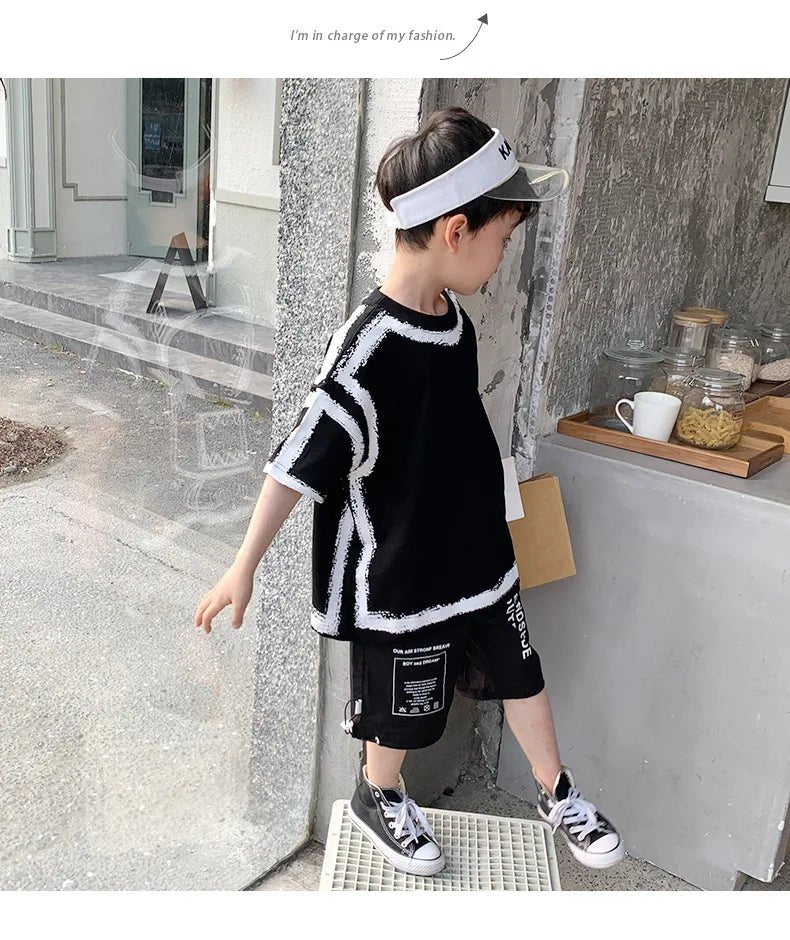 Summer Casual Boys Cotton Contrast Alphabet Graffiti t-Shirt Top+Shorts Pant Set School Kids Tracksuit Child 2PCS Outfit 5-14 Yr - Mom & Kids