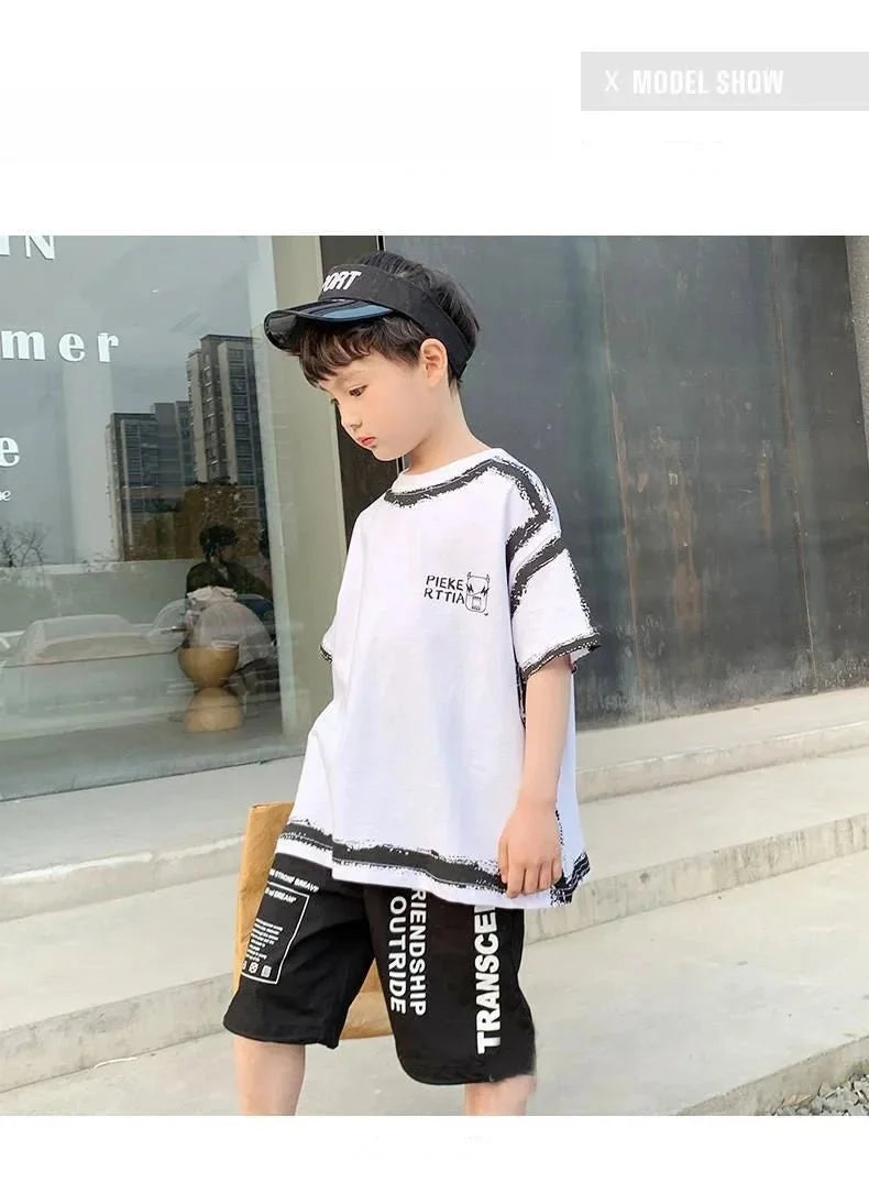 Summer Casual Boys Cotton Contrast Alphabet Graffiti t-Shirt Top+Shorts Pant Set School Kids Tracksuit Child 2PCS Outfit 5-14 Yr - Mom & Kids