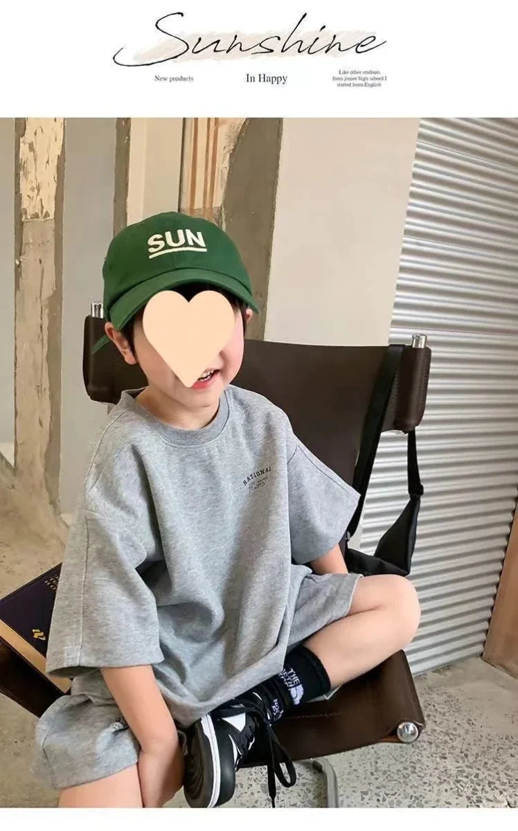 Summer Casual Boys Cotton Loose Alphabet T-shirt Tops+Short Pants Set School Kids Tracksuit Children 2-Piece Outfit Suit 2-14Yrs - Mom & Kids