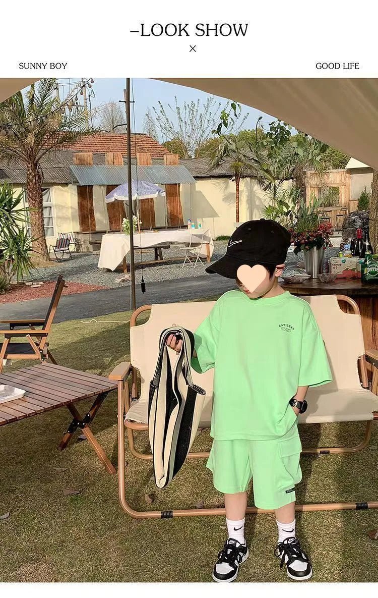 Summer Casual Boys Cotton Loose Alphabet T-shirt Tops+Short Pants Set School Kids Tracksuit Children 2-Piece Outfit Suit 2-14Yrs - Mom & Kids