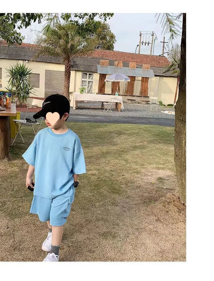 Summer Casual Boys Cotton Loose Alphabet T-shirt Tops+Short Pants Set School Kids Tracksuit Children 2-Piece Outfit Suit 2-14Yrs - Mom & Kids