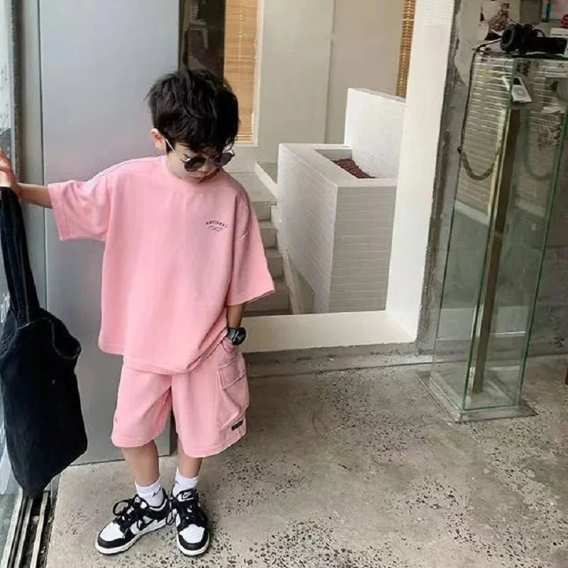 Summer Casual Boys Cotton Loose Alphabet T-shirt Tops+Short Pants Set School Kids Tracksuit Children 2-Piece Outfit Suit 2-14Yrs - Mom & Kids