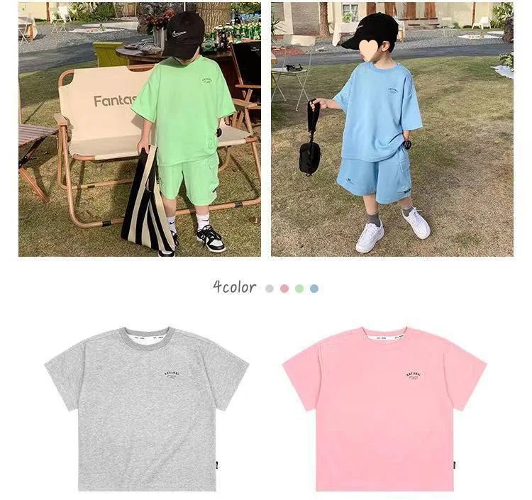 Summer Casual Boys Cotton Loose Alphabet T-shirt Tops+Short Pants Set School Kids Tracksuit Children 2-Piece Outfit Suit 2-14Yrs - Mom & Kids