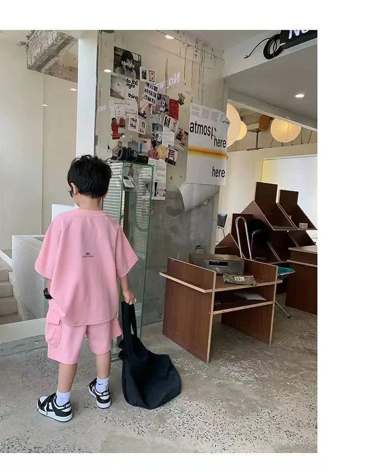 Summer Casual Boys Cotton Loose Alphabet T-shirt Tops+Short Pants Set School Kids Tracksuit Children 2-Piece Outfit Suit 2-14Yrs - Mom & Kids