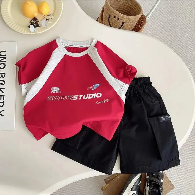 Summer Children Clothes Boys Girls Short-sleeved Striped T-shirt +Shorts 2Pcs Set Babies Fashion Round Neck Outfits Kids Suits