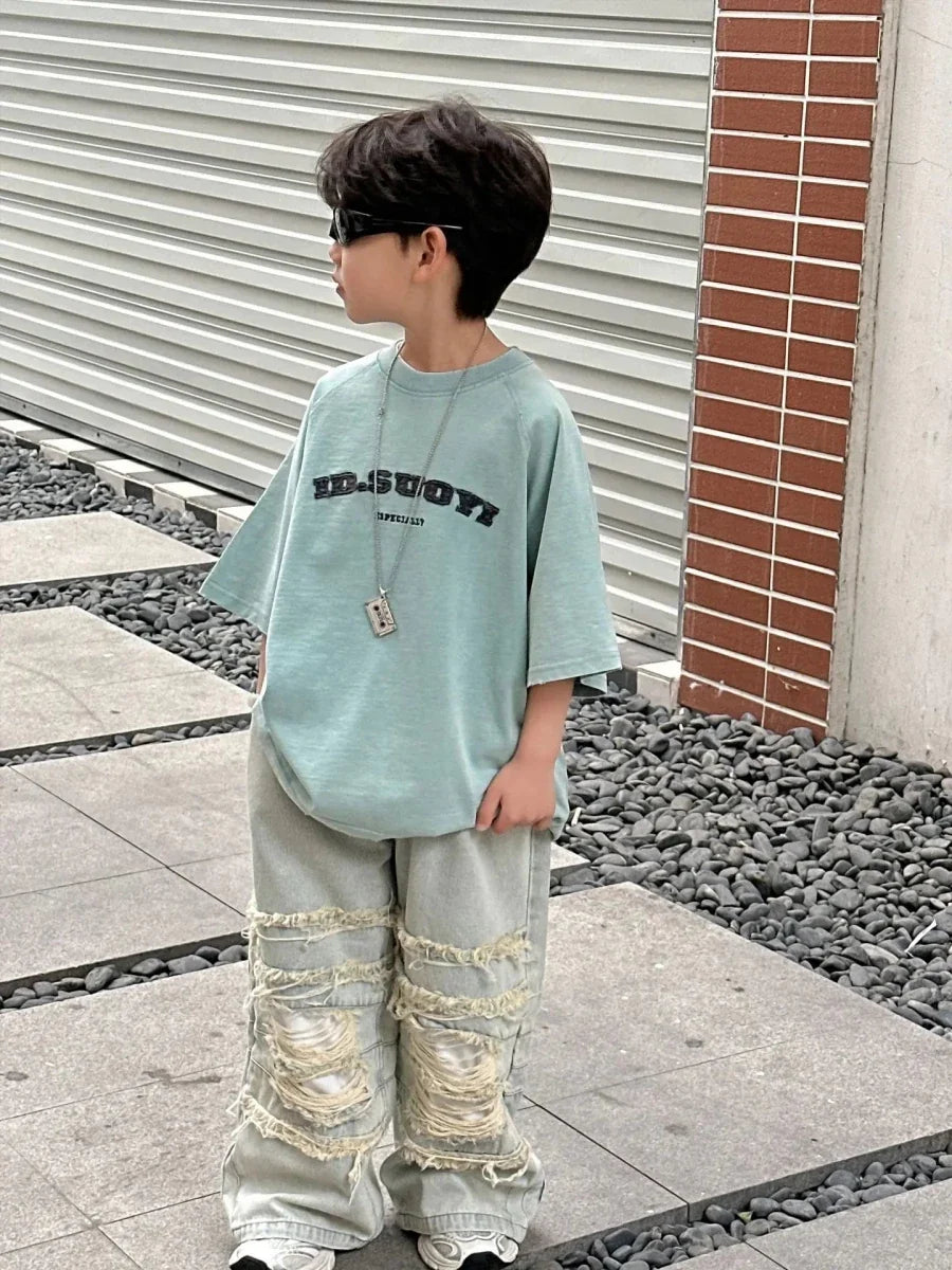 Summer Collection Children's Short Sleeves Grinding Embroidered Half Sleeve T-shirt - Mom & Kids