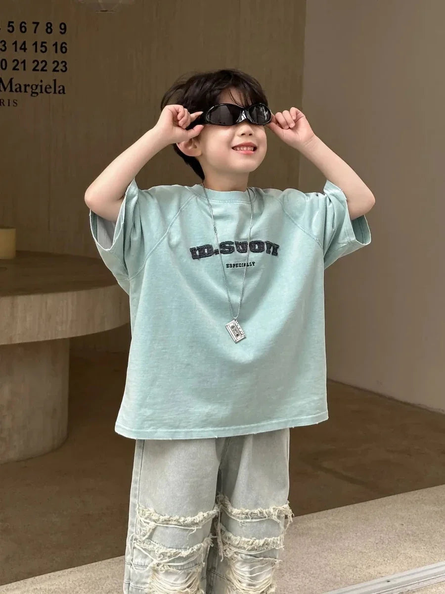 Summer Collection Children's Short Sleeves Grinding Embroidered Half Sleeve T-shirt - Mom & Kids