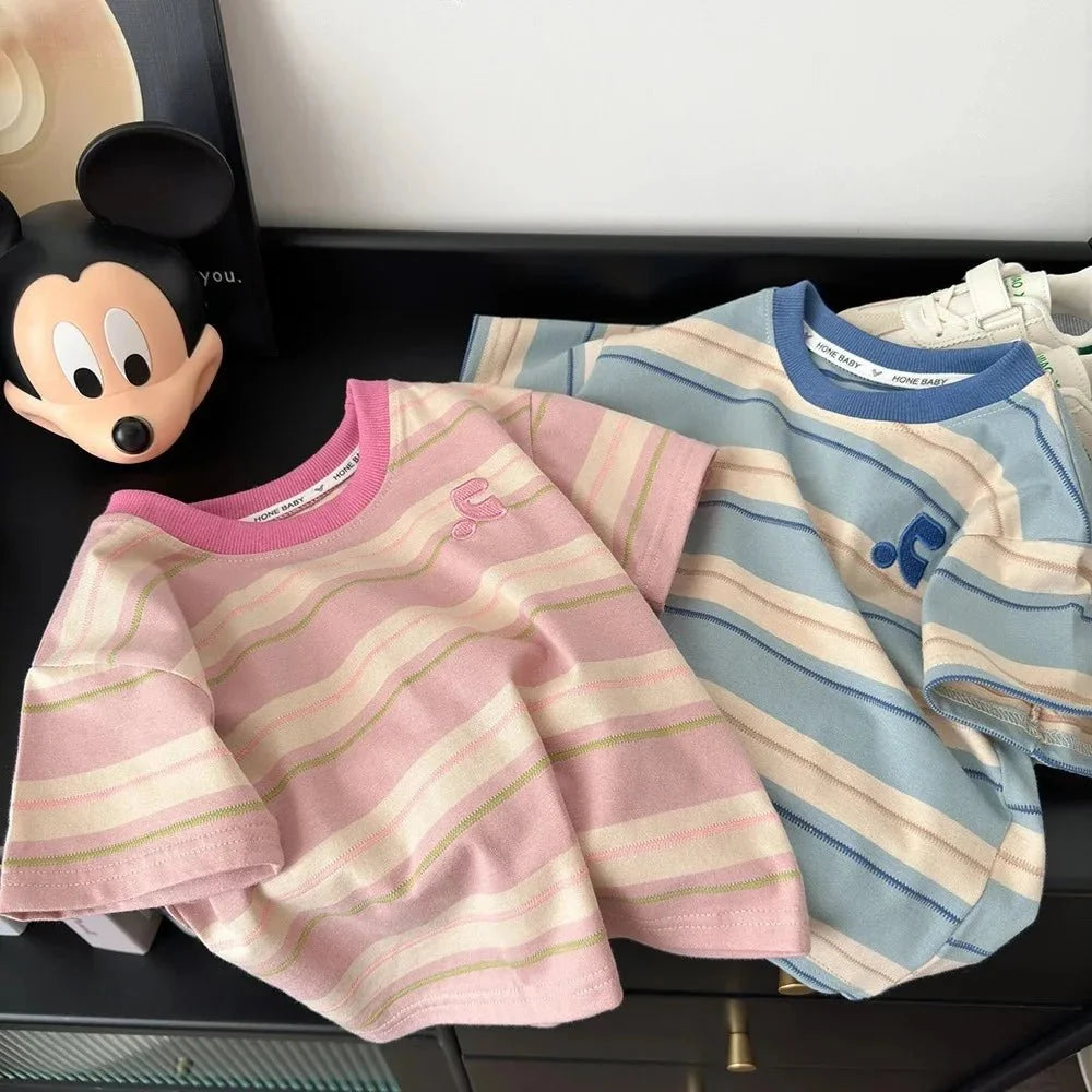 Summer Cotton Children Striped Short Sleeved Embroidered T-shirt for Boys and Girls Korean Versatile Short T-shirts Fashion Top - Mom & Kids