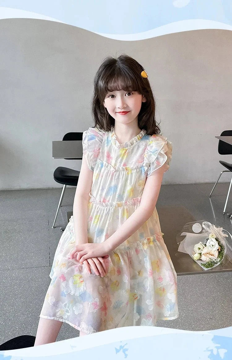 Summer girl's dress new style children's Western style floral chiffon princess dress printed baby's park play skirt - Mom & Kids
