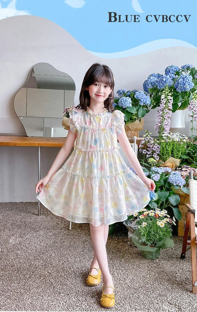 Summer girl's dress new style children's Western style floral chiffon princess dress printed baby's park play skirt - Mom & Kids
