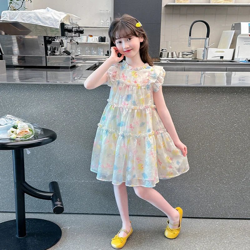 Summer girl's dress new style children's Western style floral chiffon princess dress printed baby's park play skirt